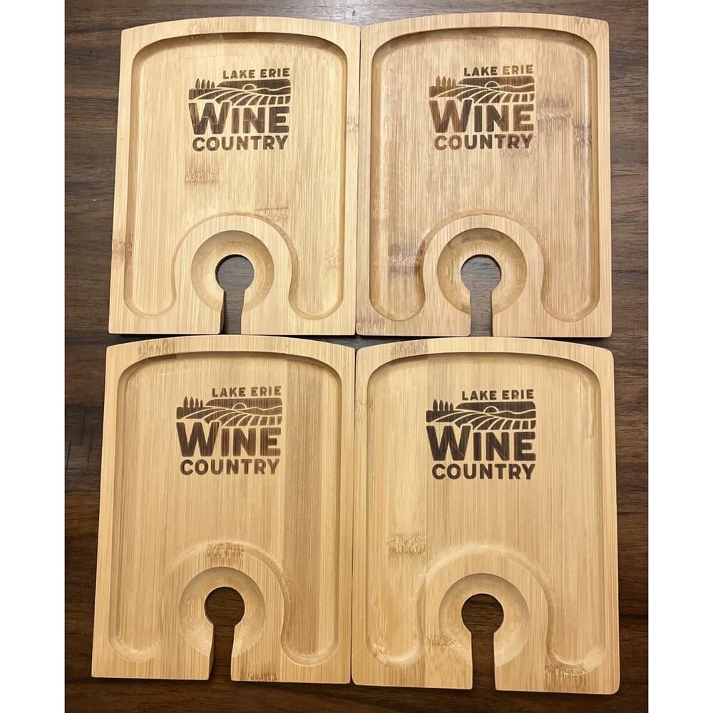 NEW Greenophile Set Of 4 Wine Bamboo APPETIZER Plate Wine Glass Holder Lake Erie